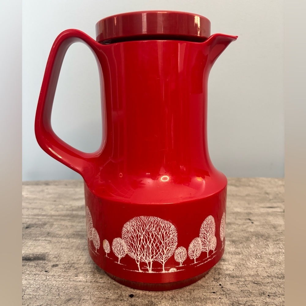 Vintage Thermos Bettina West Germany Coffee Butler Carafe Trees Red White~FLAWS - Picture 2 of 12
